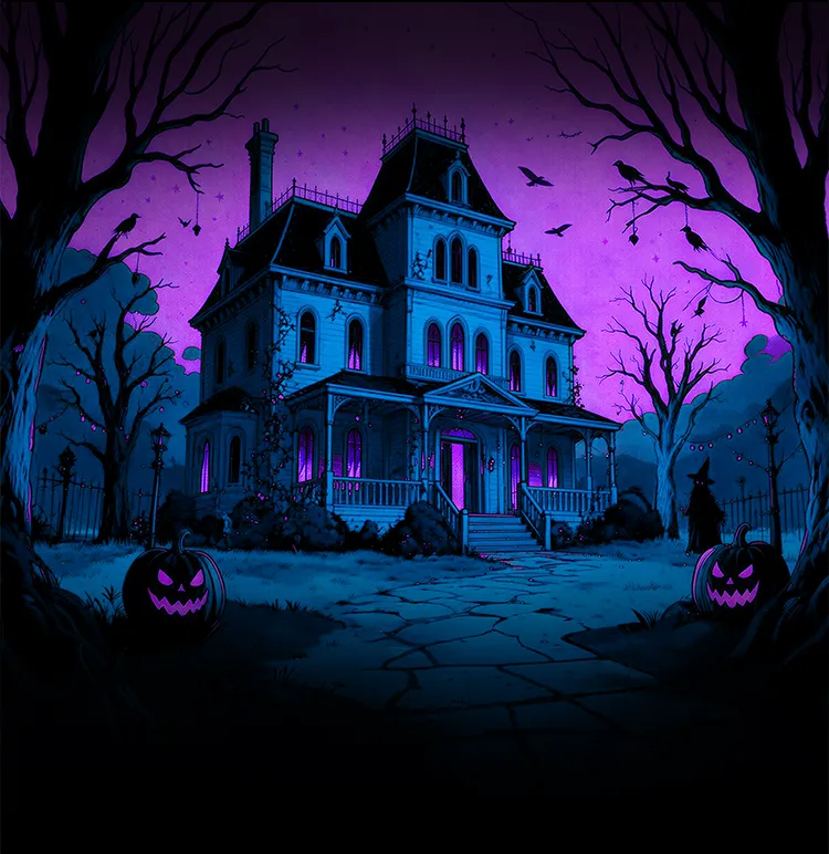 Ein Spukhaus in violettem Licht mit Kürbissen im Vorgarten